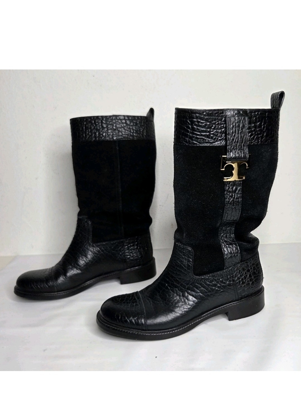 Tory Burch Corey Mid Calf Boots Womens 7 M Leather Black Logo Riding Equestrian
